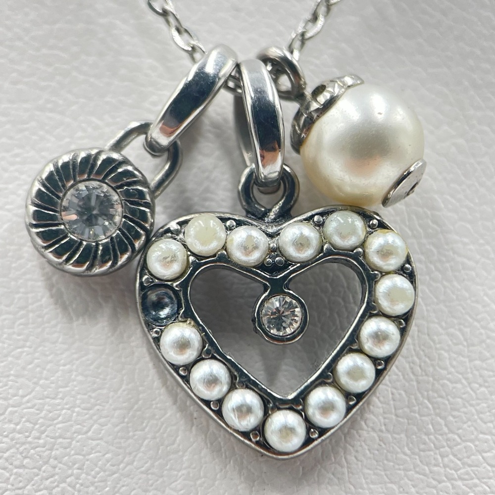 Vintage FOSSIL Y2K Silver Tone Multi Charm Heart Pearl Rhinestone Necklace 80s